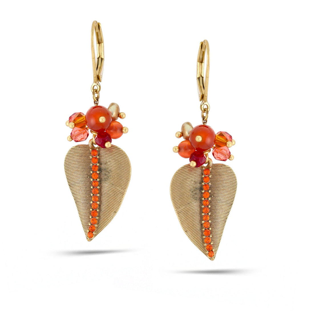 Gold-Tone Metal Leaves Red Crystal Drop Earrings