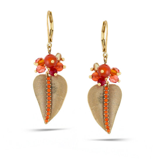 Gold-Tone Metal Leaves Red Crystal Drop Earrings