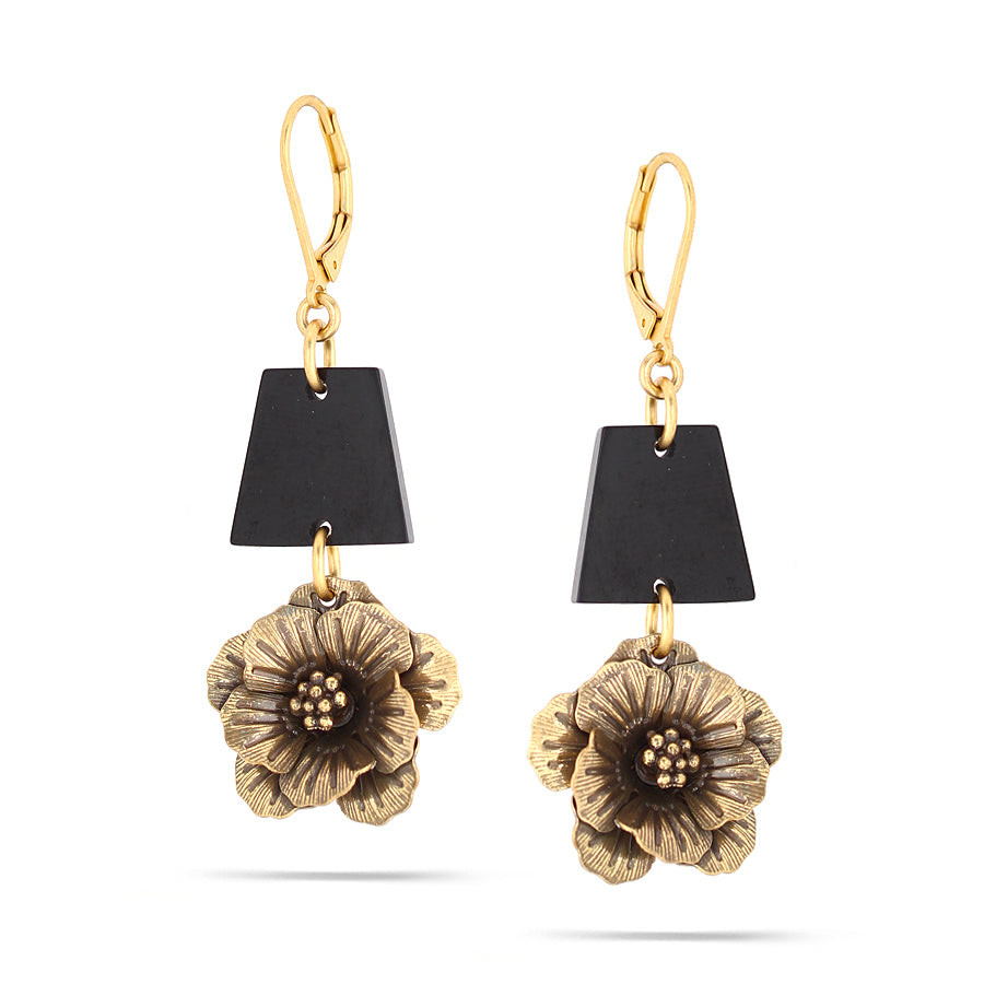 Gold-Tone Metal Flower Black Drop Earrings
