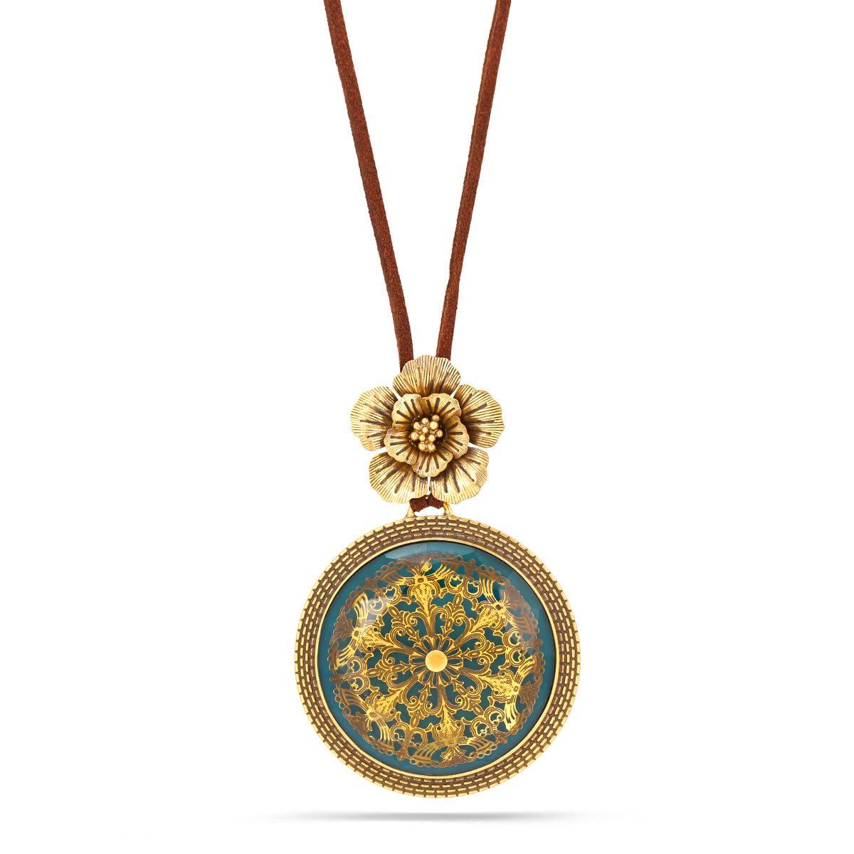 Antique-Gold Tone Metal Flower Filigree Green Round Faceted Pendant Necklace