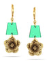 Antique-Gold Tone Metal Flower Green Color Drop Earrings