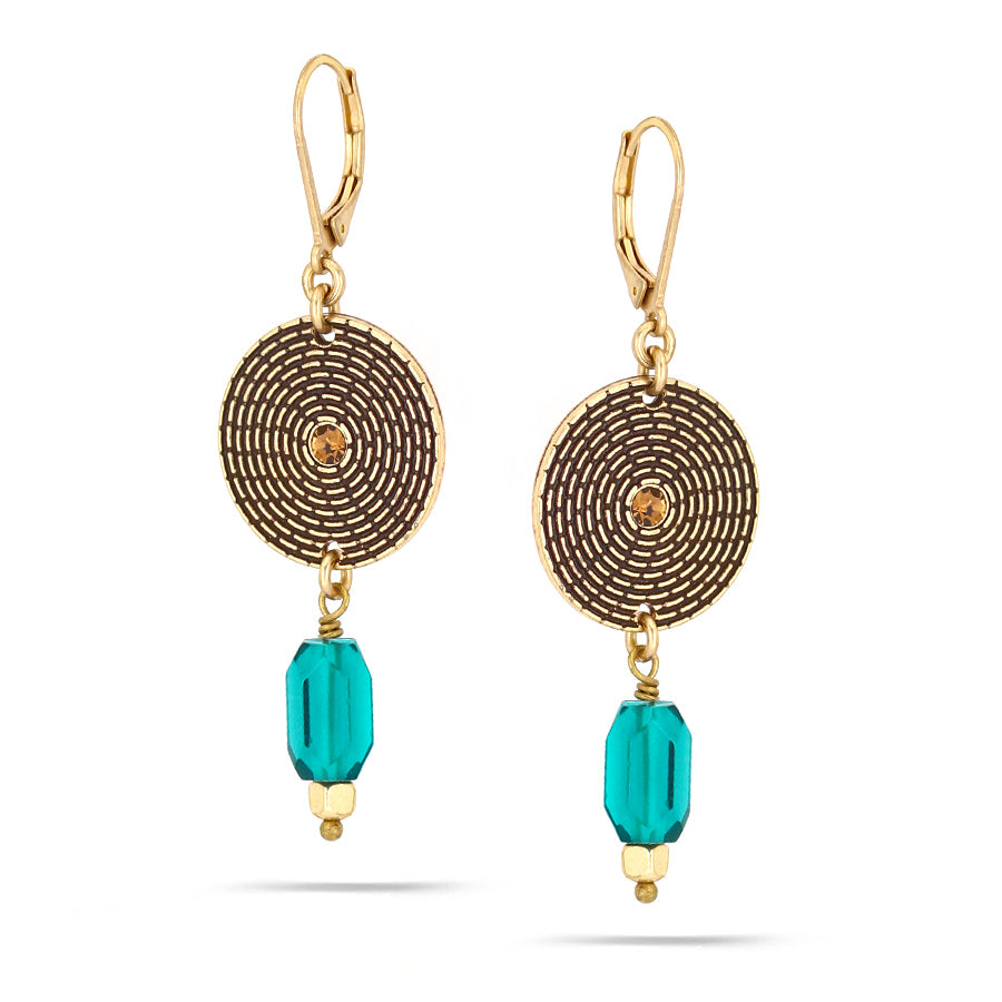 Antique-Gold Tone Metal Green Drop Earrings