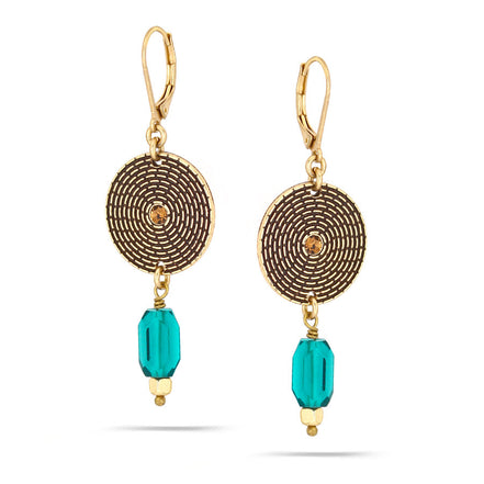 Antique-Gold Tone Metal Green Drop Earrings