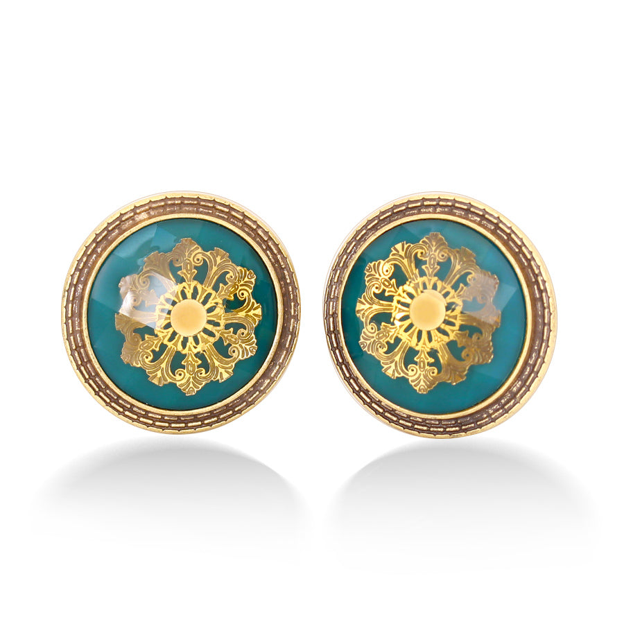 Antique Gold-Tone Metal Filigree Green Faceted Round Earrings