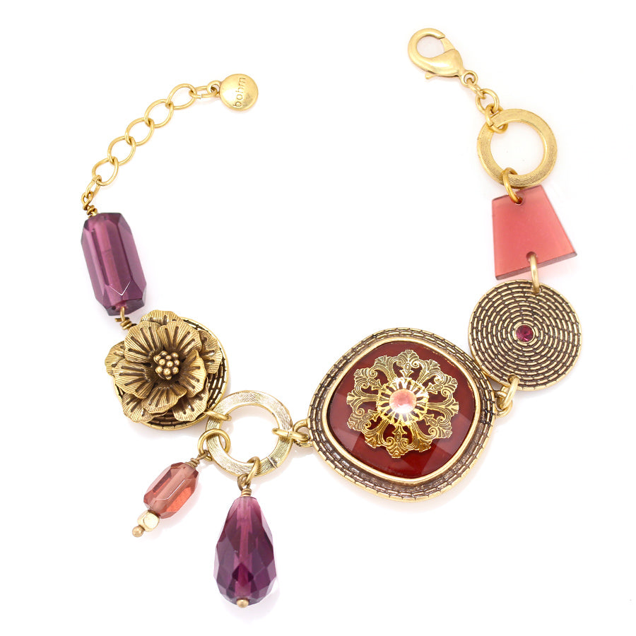 Antique-Gold Tone Metal Flower Filigre Burgundy And Purple Wrap Around Bracelets