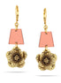 Antique-Gold Tone Metal Flower Wine Color Drop Earrings