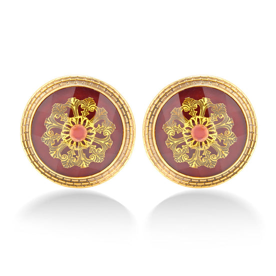 Antique Gold-Tone Metal Filigree Burgundy Faceted Round Earrings