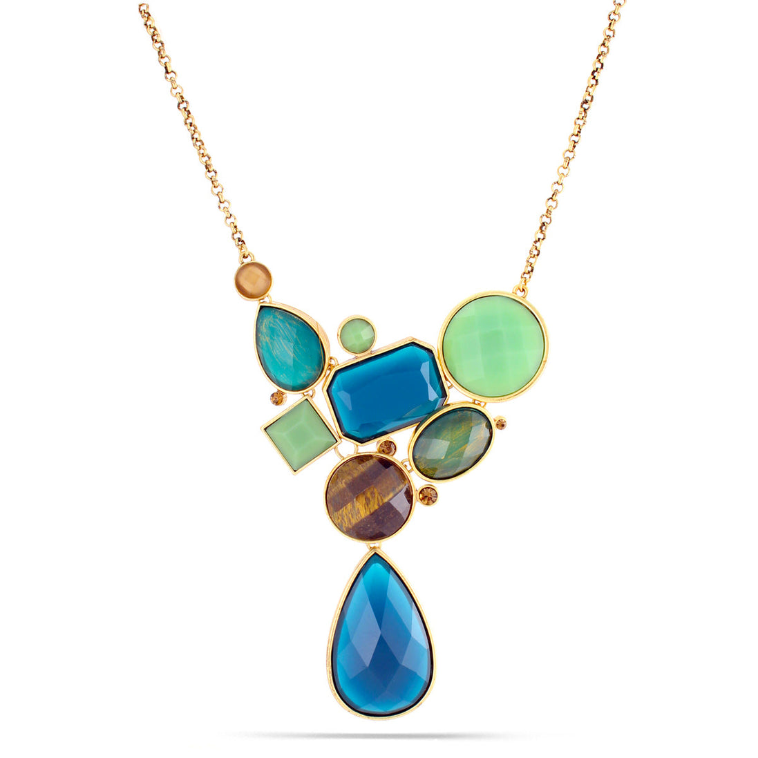 Gold-Tone Metal Green And Tiger'S Eye Stone Necklace