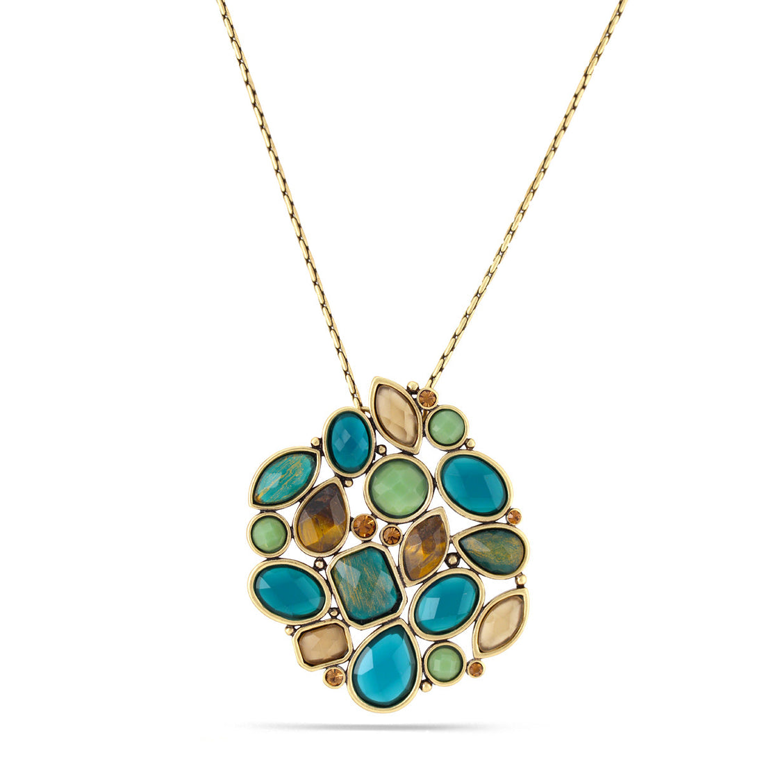 Gold-Tone Metal Tiger Eye And Green Stone Pendant Necklace