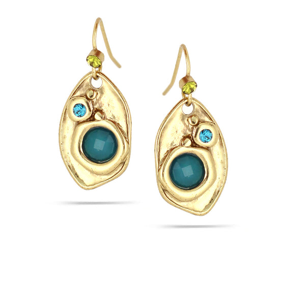 Gold-Tone Metal Deep Aqua Green Stone Green And Blue Crystal Drop Earrings