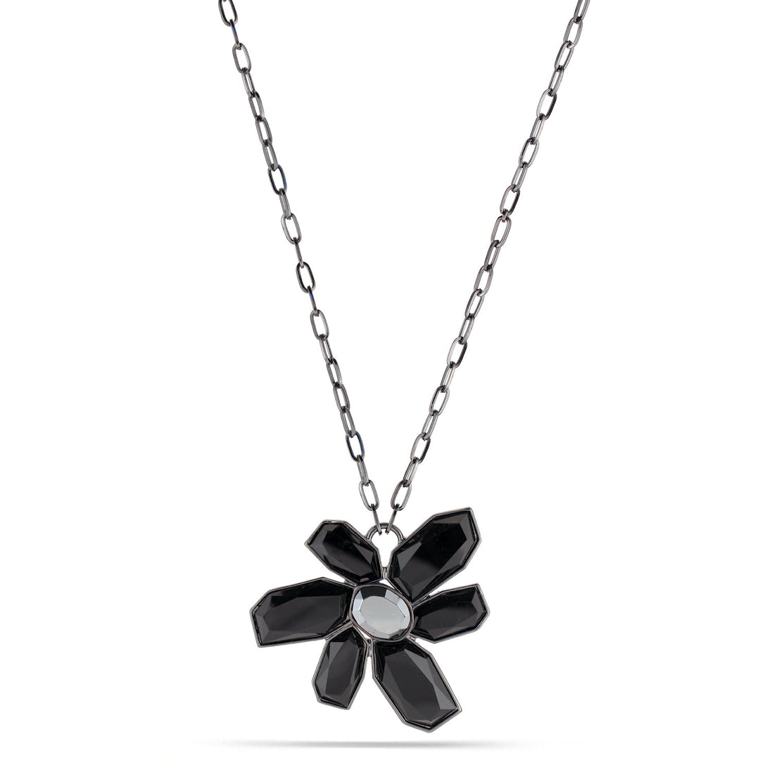 Hematite-Tone Metal Filigree Red And Black Crystal Pendant Necklace