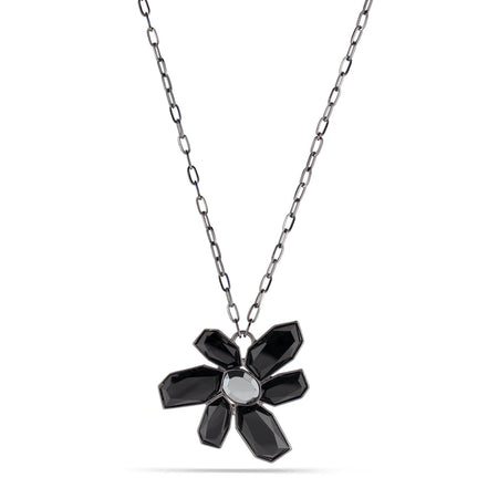 Hematite-Tone Metal Filigree Red And Black Crystal Pendant Necklace