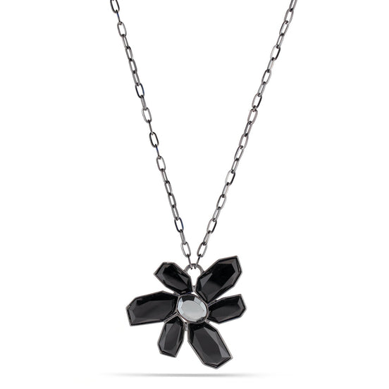 Hematite-Tone Metal Filigree Red And Black Crystal Pendant Necklace