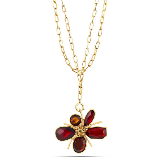 Gold-Tone Metal Red Faceted Orange Crystal Neckalce
