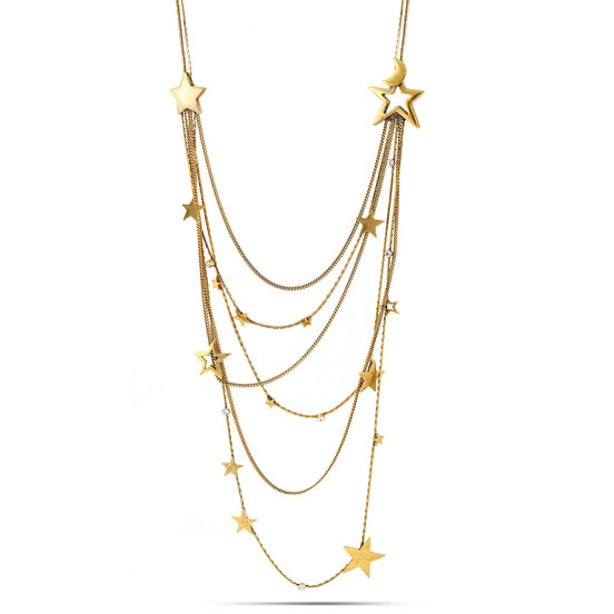 Gold-Tone Metal Star And Moon Crystal Layered Necklace