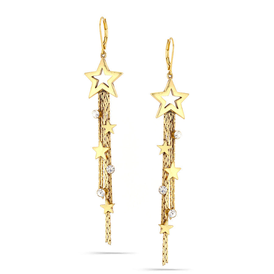 Gold-Tone Metal Star Crystal Tassel Earrings