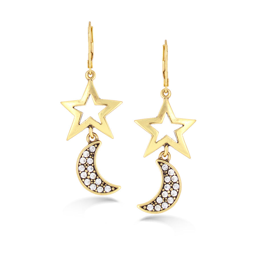 Gold-Tone Metal Star And Moon White Crystal Earrings