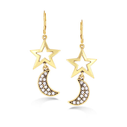 Gold-Tone Metal Star And Moon White Crystal Earrings