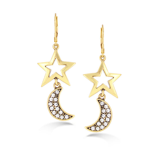 Gold-Tone Metal Star And Moon White Crystal Earrings