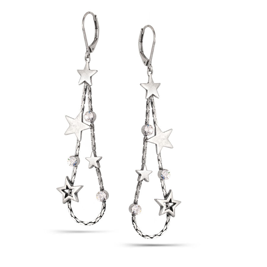 Rhodium-Tone Metal White Crystal Multi Star Earrings