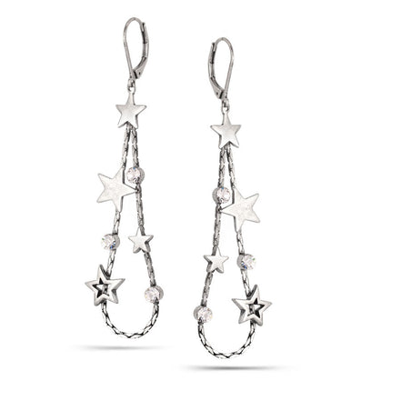 Rhodium-Tone Metal White Crystal Multi Star Earrings