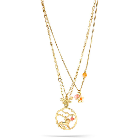 Gold-Tone Metal Lion Flower And Bee Charms Layered Necklace