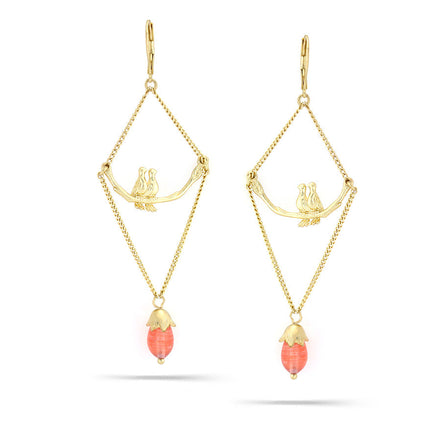 Gold-Tone Metal Love Birds Orange Crystal Drop Earrings