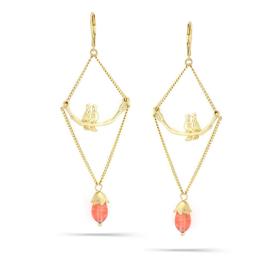 Gold-Tone Metal Love Birds Orange Crystal Drop Earrings