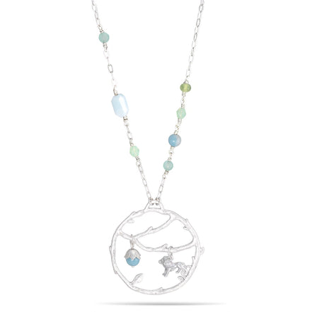 Silver-Tone Metal Lion And Green Stone Adjustable Lobster Claw Closure Tassel Necklaces