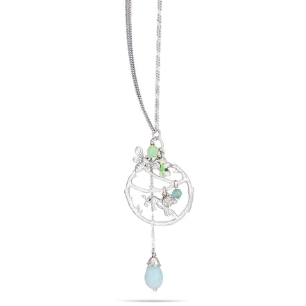 Silver-Tone Metal Lion And Butterfly Green Stone Adjustable Lobster Claw Closure Tassel Necklaces