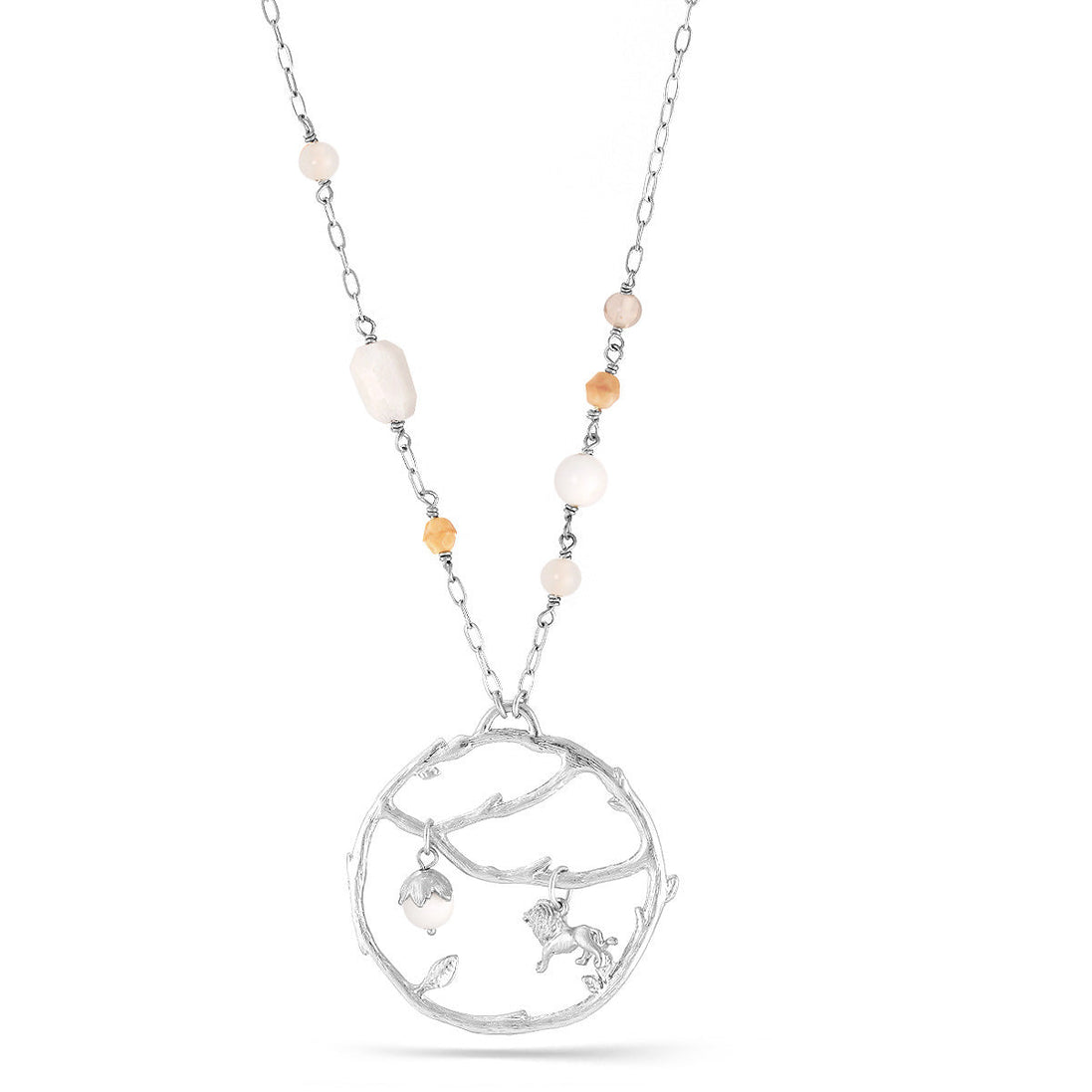 Silver-Tone Metal White Beads And Lion Charm Pendant Necklace