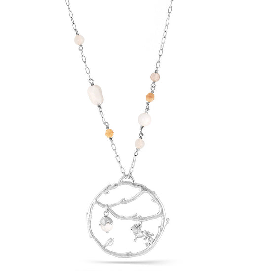 Silver-Tone Metal White Beads And Lion Charm Pendant Necklace