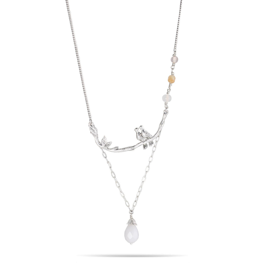 Silver-Tone Metal Love Birds White Teardrop Stone Adjustable Lobster Claw Closure Necklaces