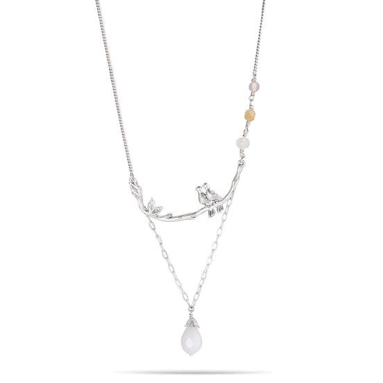 Silver-Tone Metal Love Birds White Teardrop Stone Adjustable Lobster Claw Closure Necklaces