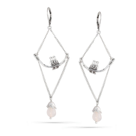 Silver-Tone Metal Love Birds Cream Teardrop Earrings
