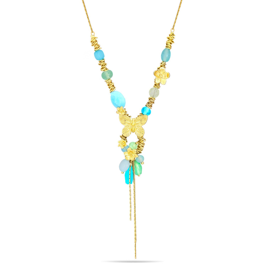 Gold-Tone Metal Butterfly Green And Blue Beads Adjustable Lobster Claw Closure Necklaces