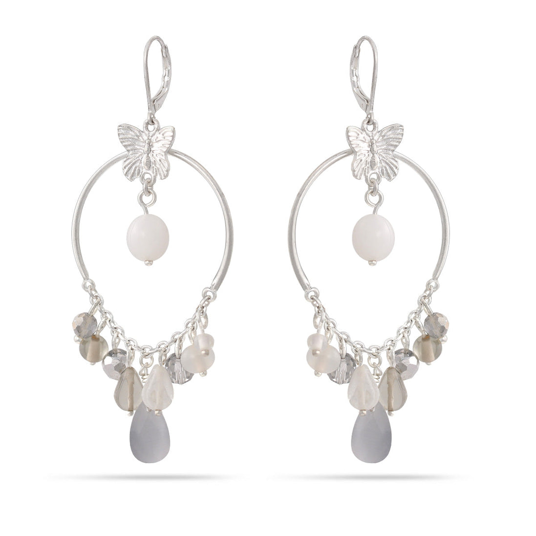 Silver-Tone Metal Butterfly And Beads Drop Earrings