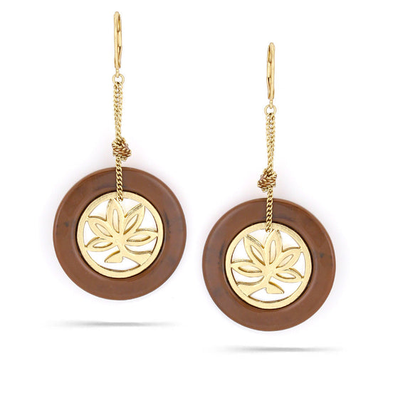 Gold-Tone Metal Filigree Brown Round Drop Earrings
