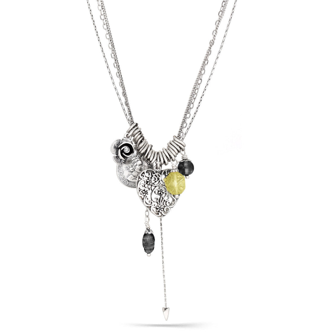 Silver-Tone Metal Heart Filigree Locket Flower And Coin Charm Necklace