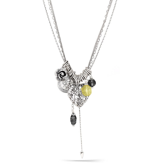 Silver-Tone Metal Heart Filigree Locket Flower And Coin Charm Necklace