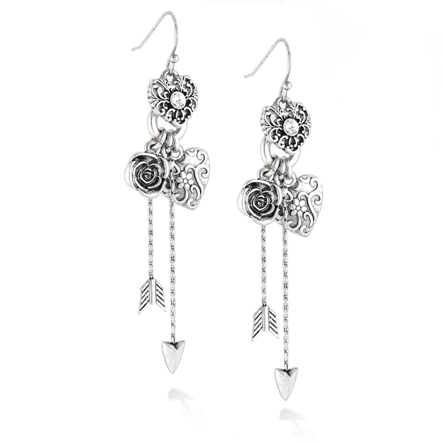 Silver-Tone Metal Filigree Heart Arrow And Flower Crystal Drop