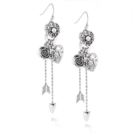 Silver-Tone Metal Filigree Heart Arrow And Flower Crystal Drop