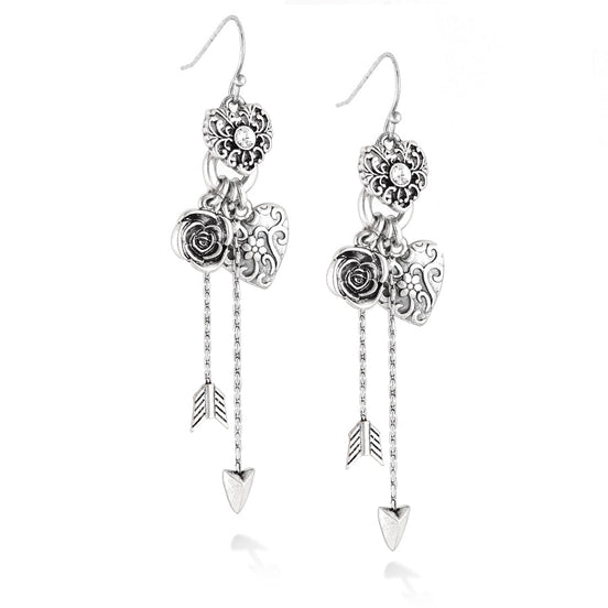 Silver-Tone Metal Filigree Heart Arrow And Flower Crystal Drop