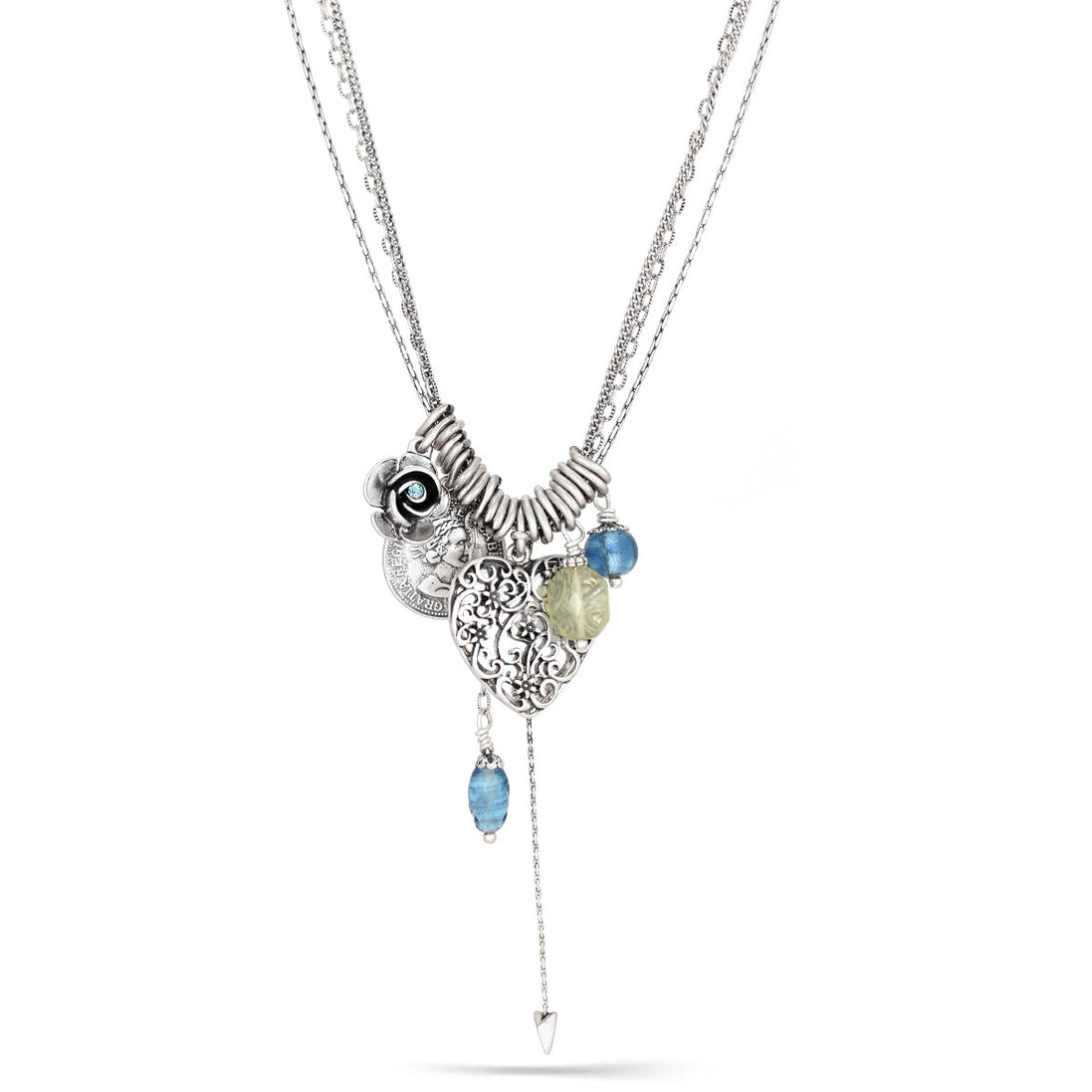 Silver-Tone Metal Heart Filigree Locket Flower And Coin Charm Necklace