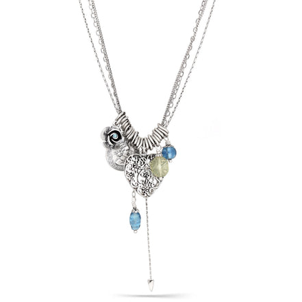 Silver-Tone Metal Heart Filigree Locket Flower And Coin Charm Necklace