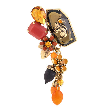 Gold-Tone Metal Squirrel Red And Smokey Crystal Flower Brooches