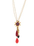 Gold-Tone Metal Red Crystal Acorn Flower And Leaf Charm 2 Layered Necklace