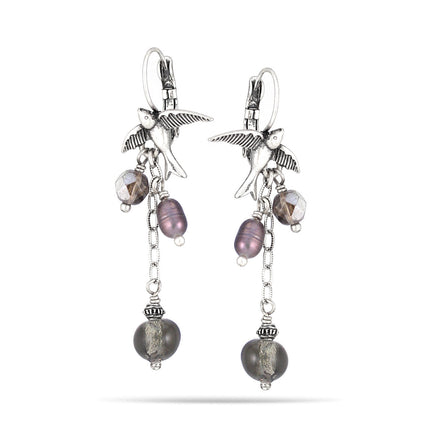 Silver-Tone Metal Birds And Beads Drop Earrings