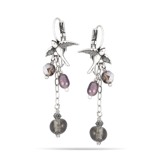 Silver-Tone Metal Birds And Beads Drop Earrings