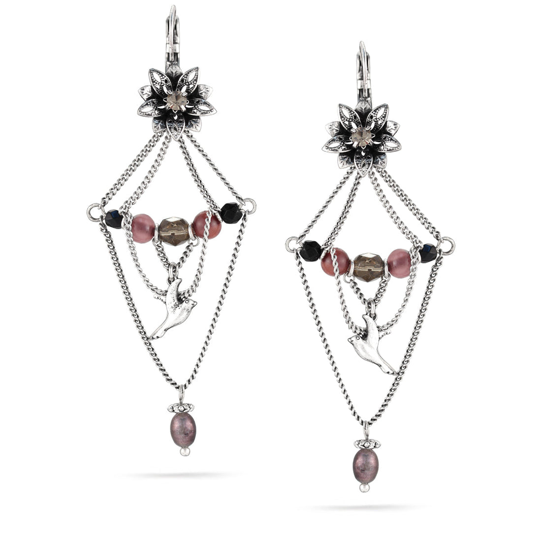 Silver-Tone Metal Flower Crystal Drop Earrings